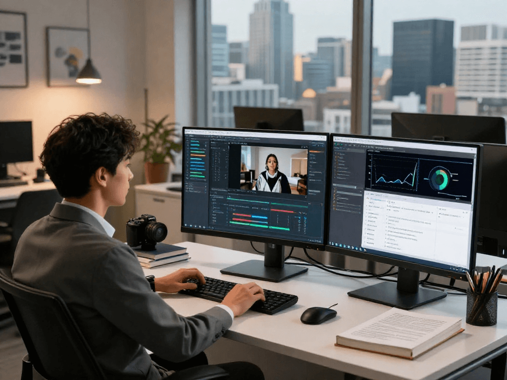Expert professional analyzing data to detect AI image content in a modern workspace.