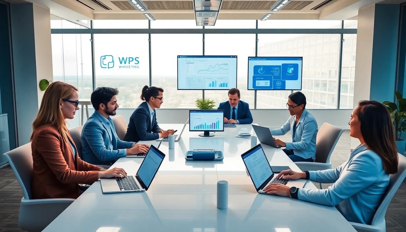 Professionals using WPS官网 in a modern office setting to enhance productivity.
