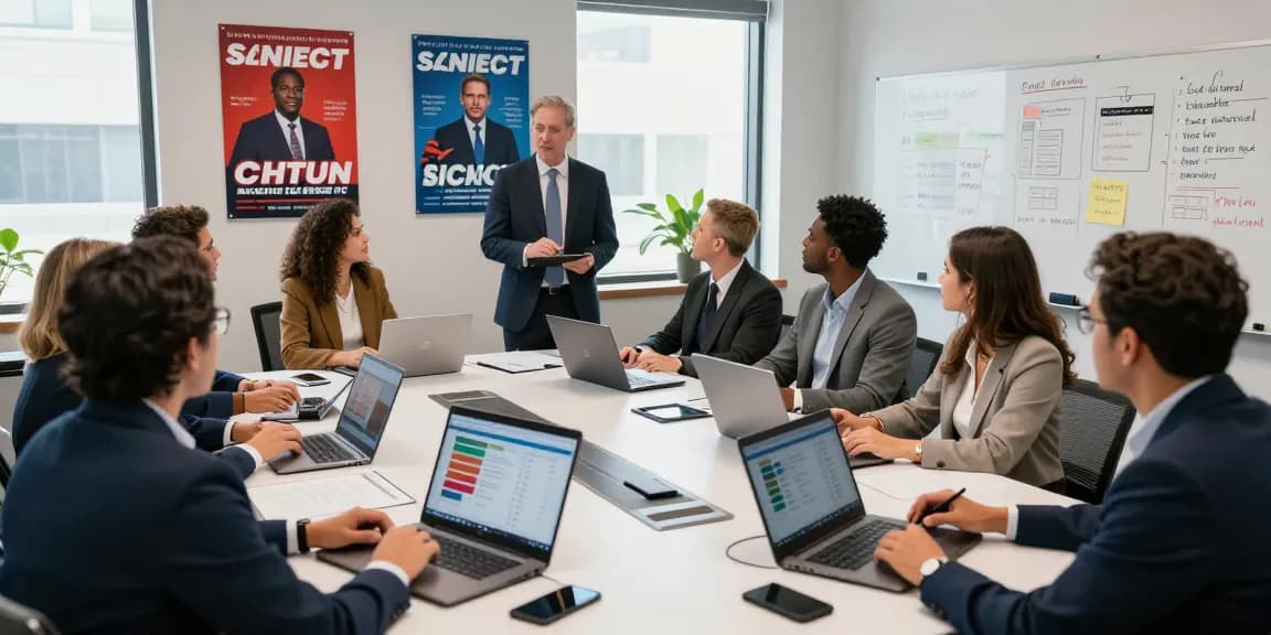 Team strategizing to suppress negative search results through effective political marketing tactics.