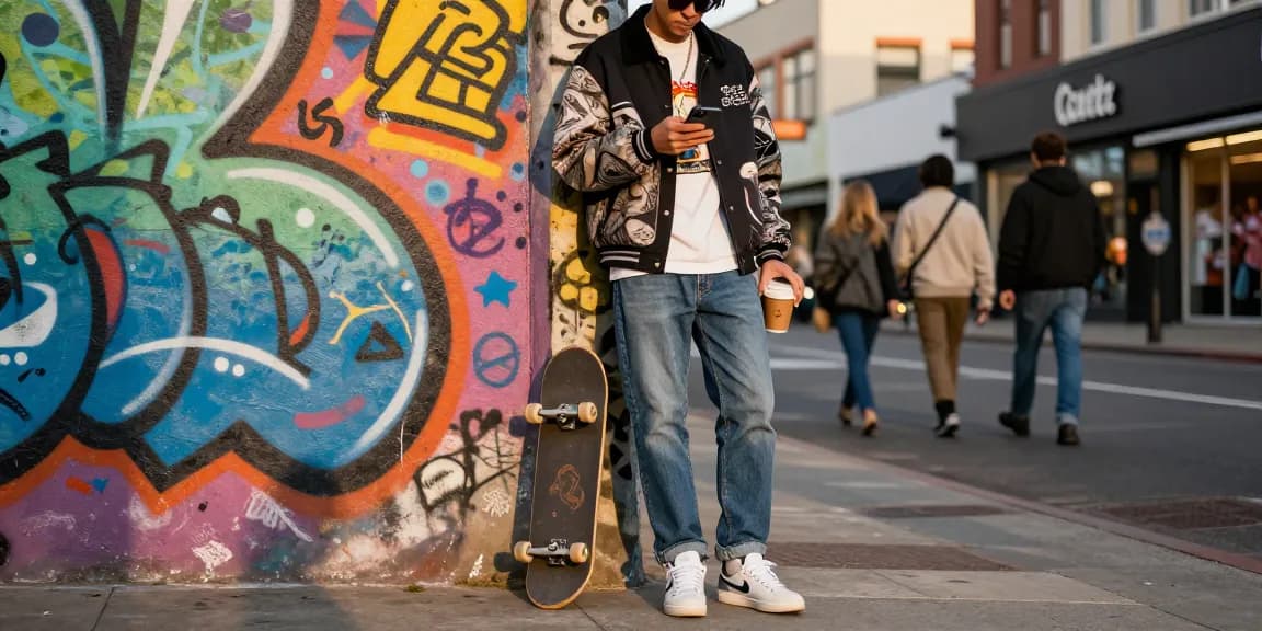 Trendy individual showcasing luxury fashion in urban setting with 명품 레플리카 outfit during golden hour.