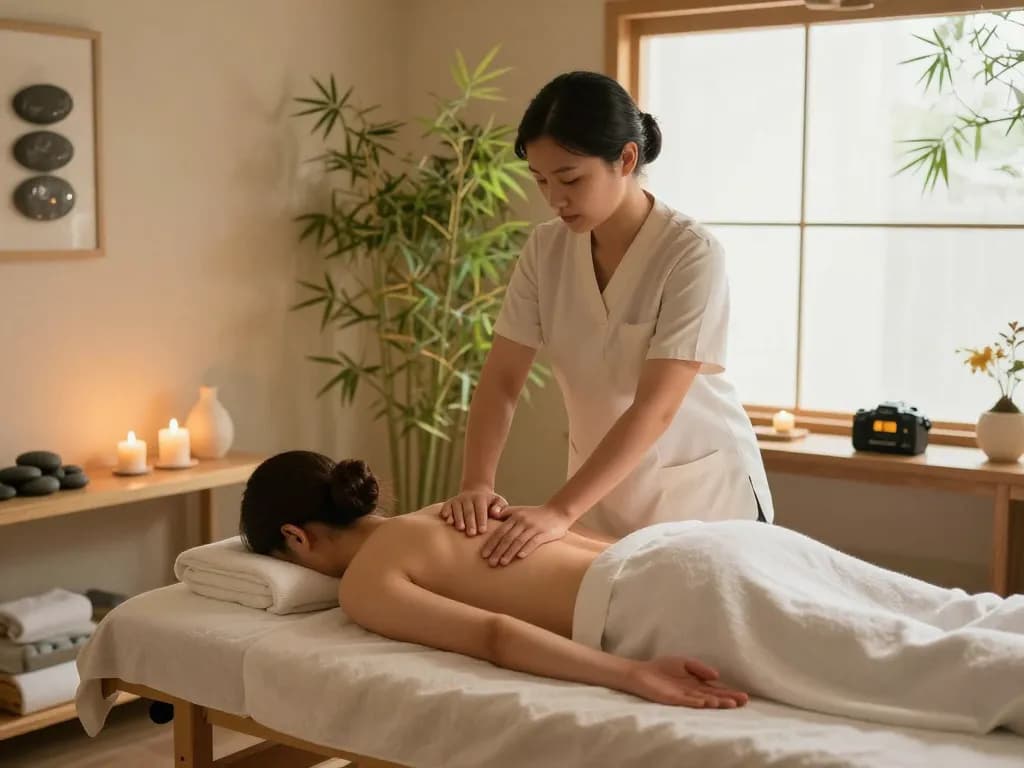 Massage therapist providing a soothing 마사지 in a tranquil spa setting with calming elements.