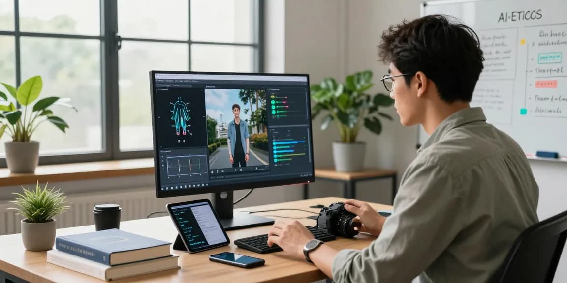 AI image checker results displayed on monitor in a modern tech workspace