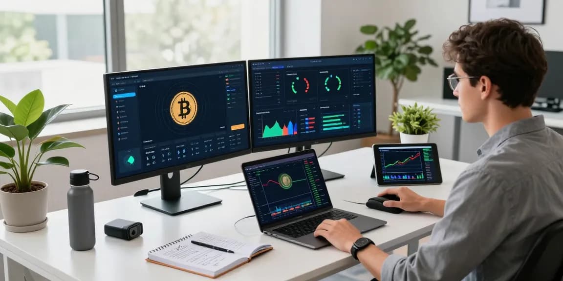 Cloud mining setup featuring crypto performance metrics, Bitcoin mining dashboard, and digital wallet in a tech office.