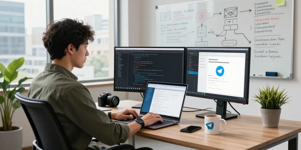 Developer coding on a laptop at a modern office, showcasing telegram官网 interface and vibrant workspace environment.