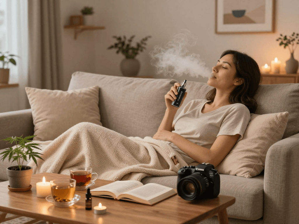 Pack Man vape THC device used in a cozy wellness routine with hemp plants and candles, showcasing natural relaxation.