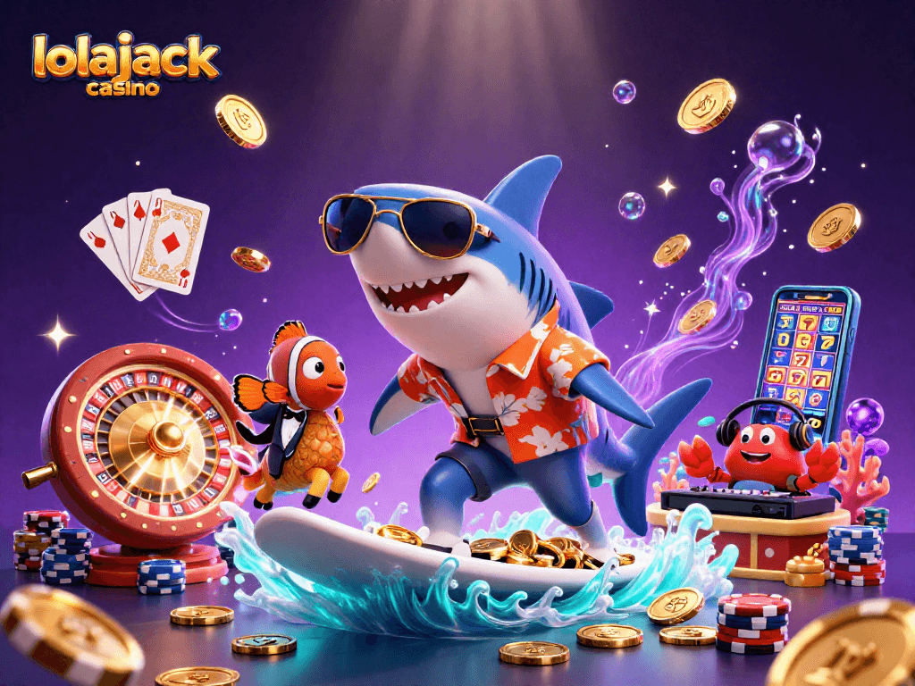 Experience the fun of lolajack casino with a vibrant 3D illustration filled with casino elements.