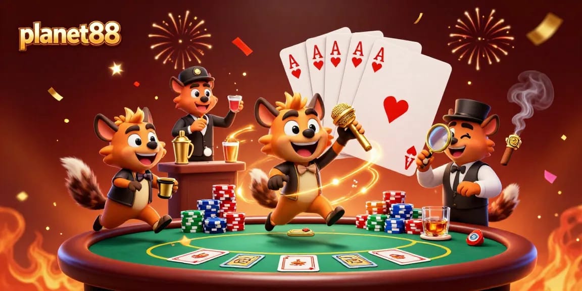 Witness the vibrant planet88 hyena casino scene showcasing comedy, poker, and celebration.