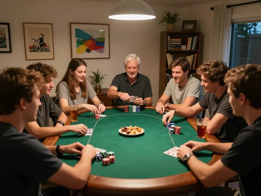 Friends enjoy an exciting poker night together using ATQ strategies for better odds.