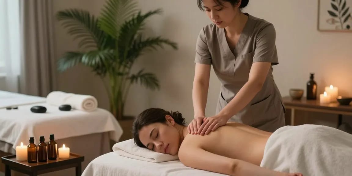 Swedish massage session in a calming spa environment with soothing lighting and essential oils.