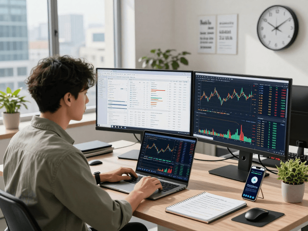 Trader using TradingView on dual monitors in a modern office setup, analyzing stock charts and market data.