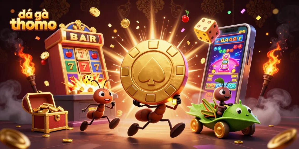 Experience the excitement of đá gà thomo through vibrant 3D cartoon illustration featuring dynamic characters and engaging casino elements.