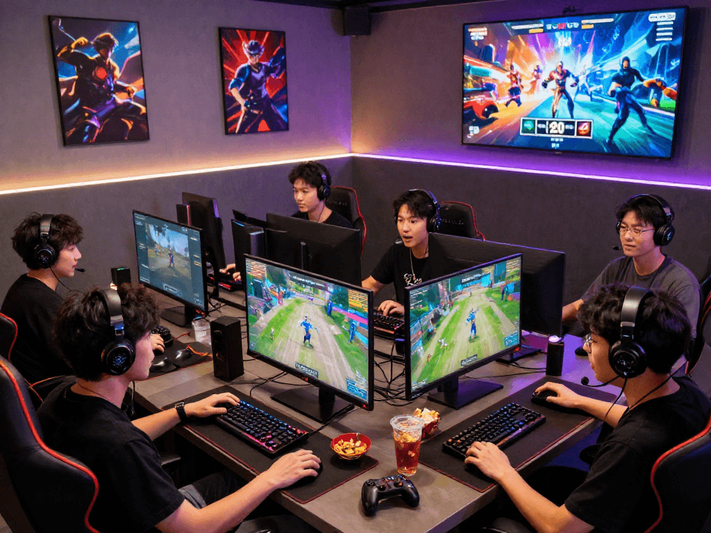 Diverse gamers enjoying their favorite games at ROKOK88 lounge, showcasing high-performance setups and vibrant atmosphere.
