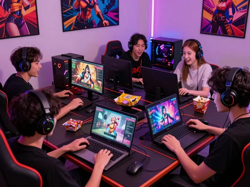 Engaged players exploring sex games online on various devices in a vibrant gaming setup.