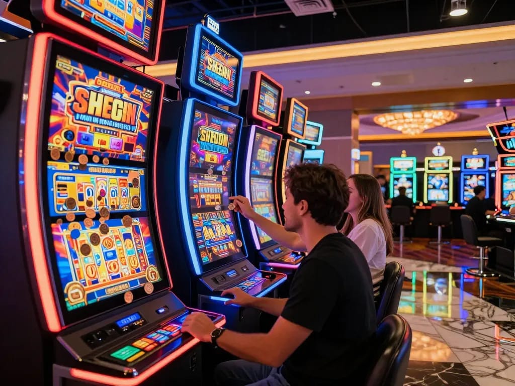 Powernet slot machines showcasing vibrant visuals as players celebrate wins in an exciting casino atmosphere.