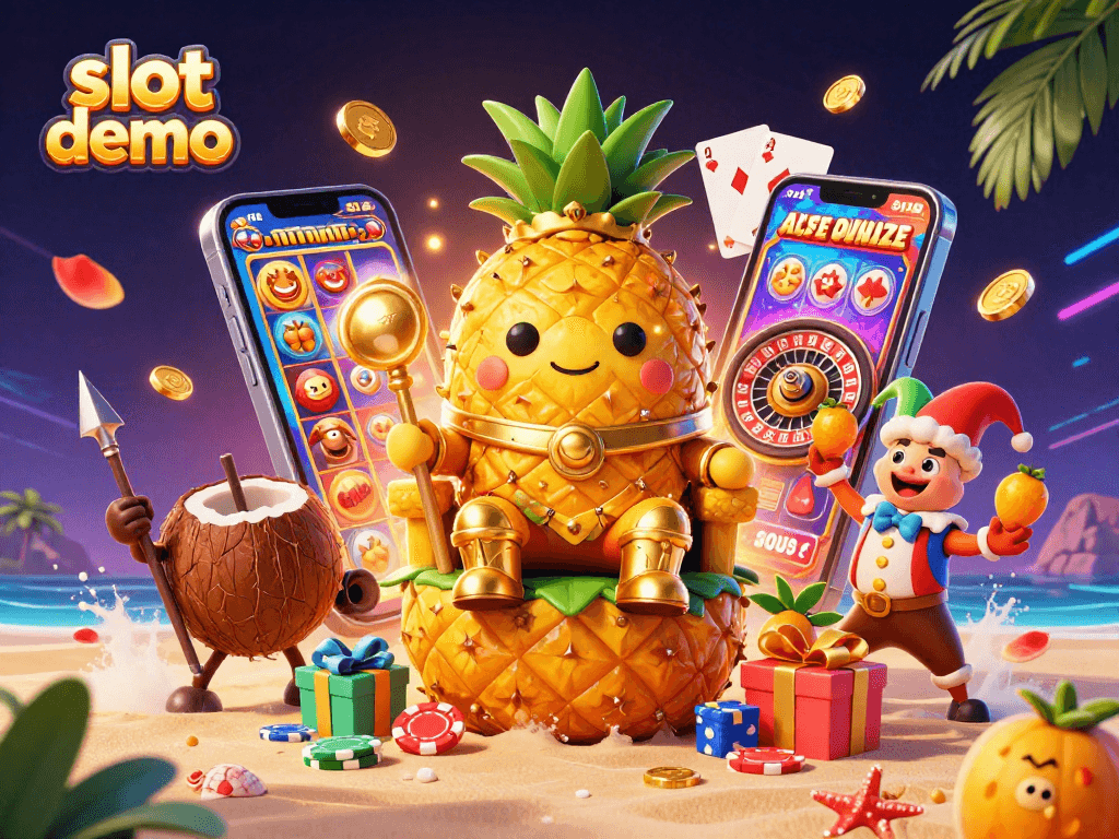 Slot demo menampilkan raja nanas emas dengan tombol slot di sekitar pantai kasino.
