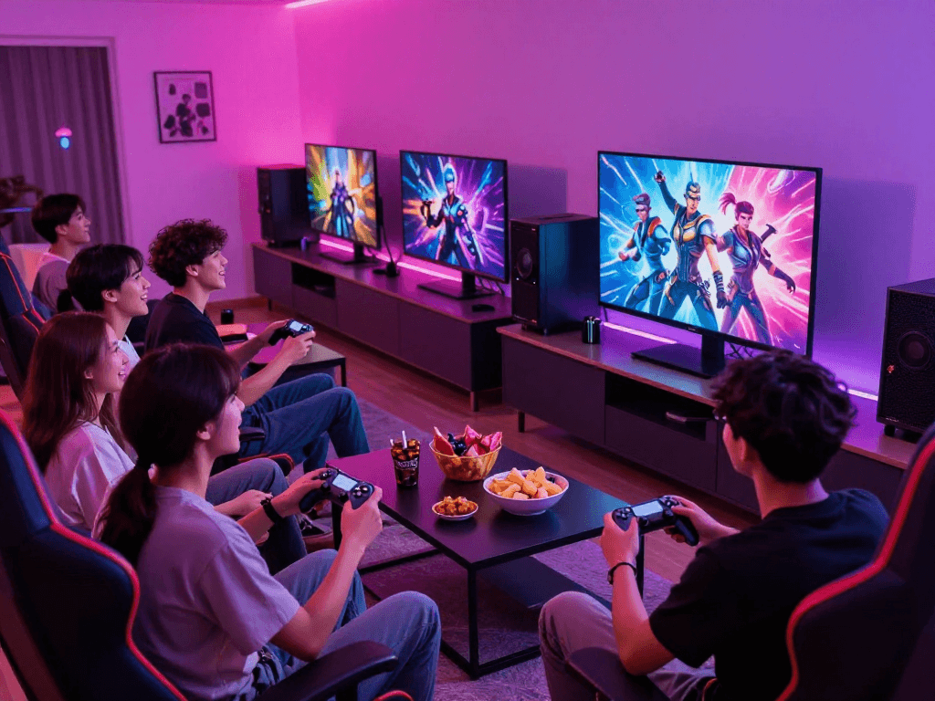 Group enjoying porngame experience in a vibrant gaming lounge.