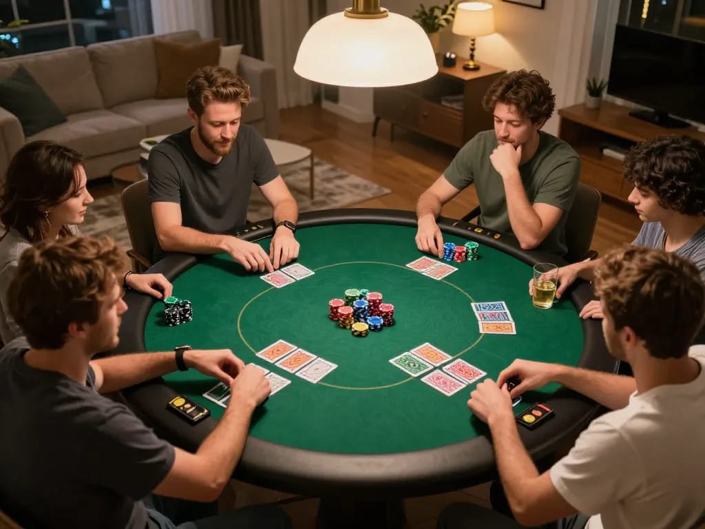 Engaged players strategizing at home poker game while referencing tor hidden wiki for resource links