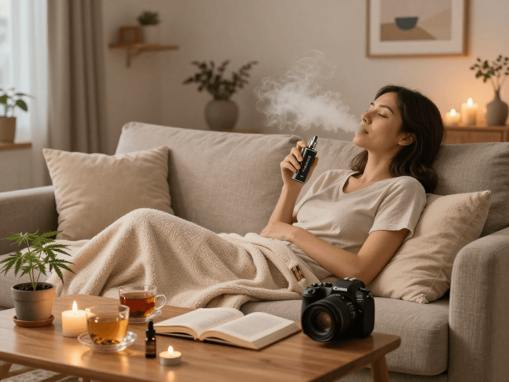 Pack Man vape THC device used in a cozy wellness routine with hemp plants and candles, showcasing natural relaxation.