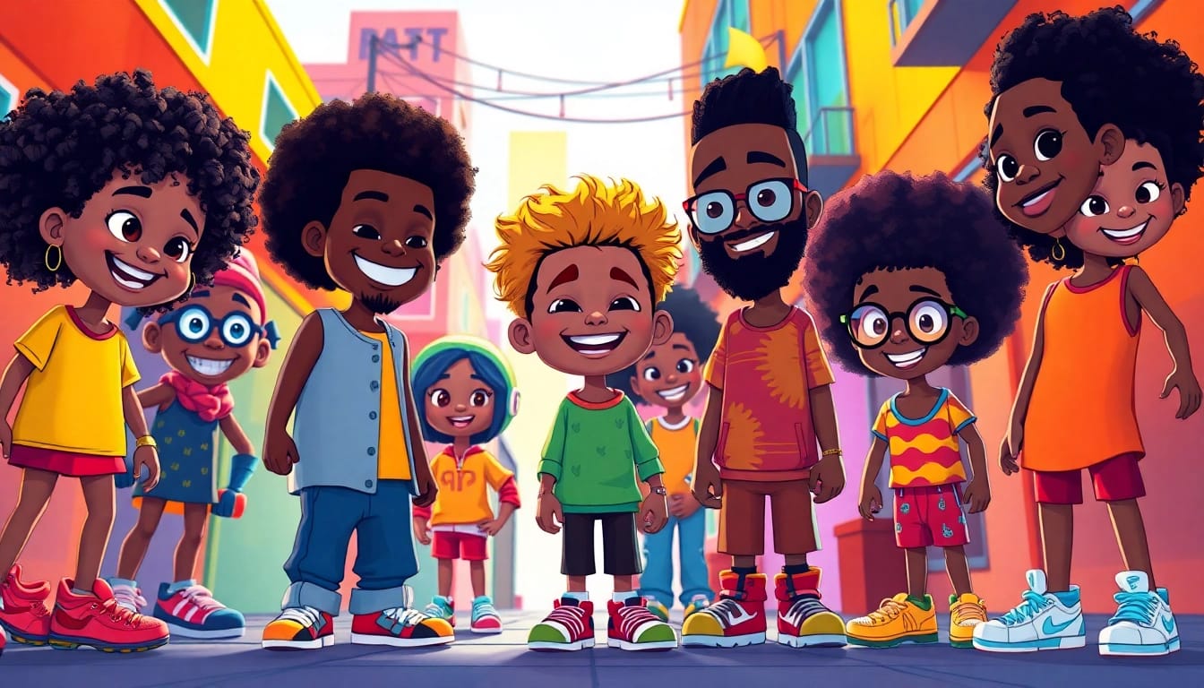 A group of dynamic animated characters from African American Cartoons in a vibrant urban setting, emphasizing diversity and creativity.