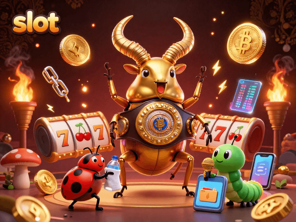 Engage with the lively slot scene featuring a golden stag beetle champion, showcasing vibrant slot reels and crypto elements.