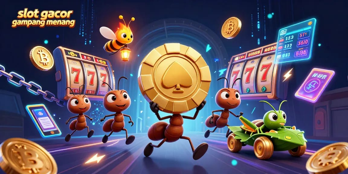 Slot gacor gampang menang menampilkan ilustrasi tim semut 3D mencuri chip poker emas besar di dunia perjudian.