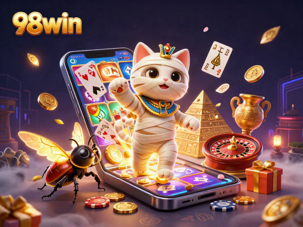 Spin the reels with 98win's Egyptian mummy cat and scarab companions in an exciting casino scene.