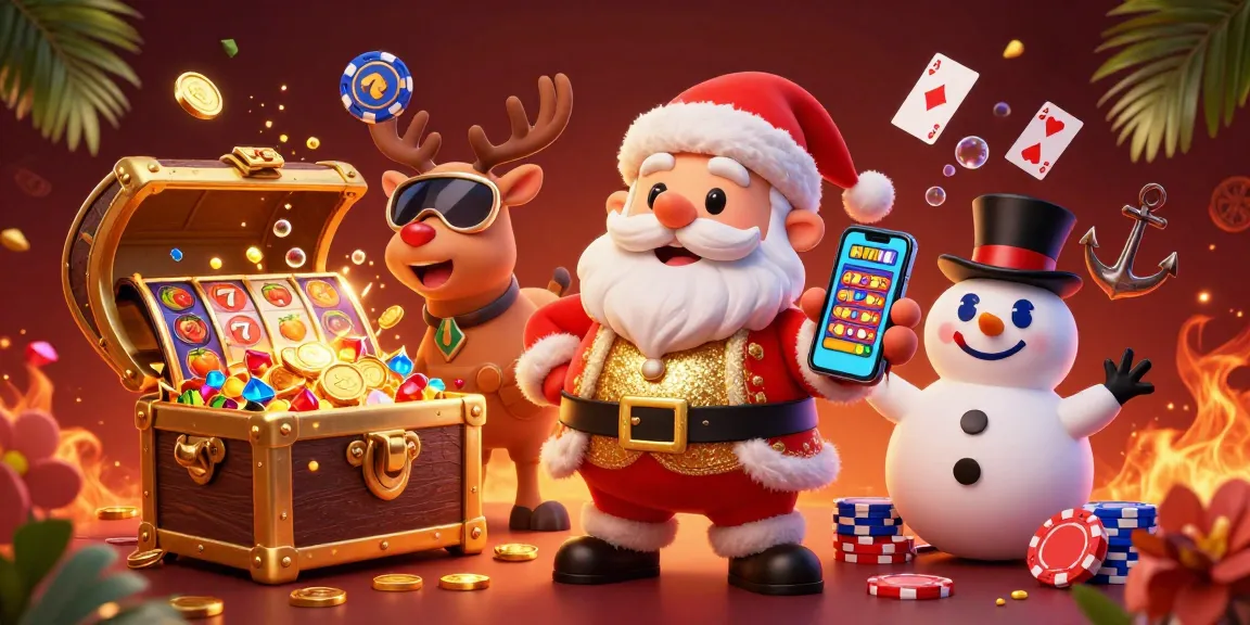 Jouer au casino en ligne avec un heureux Père Noël et ses amis, entouré de riches éléments de casino.