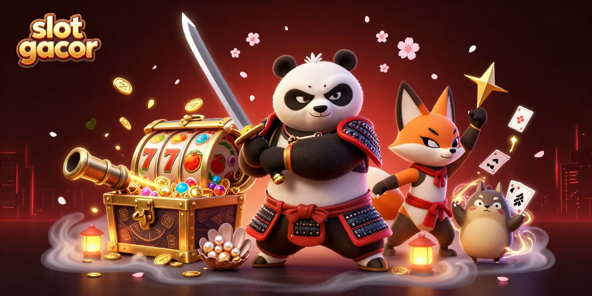 Experience the slot gacor thrill with samurai panda and ninja fox in a vibrant 3D casino setting.
