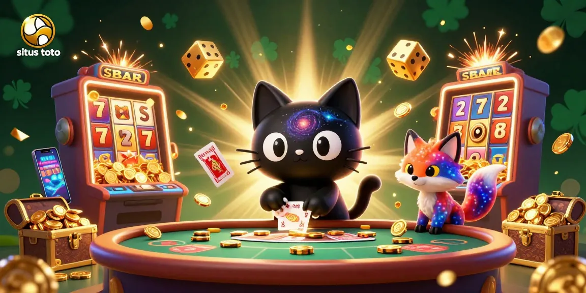 Engage in the vibrant world of situs toto, showcasing a cosmic casino scene with a black hole cat and nebula fox.