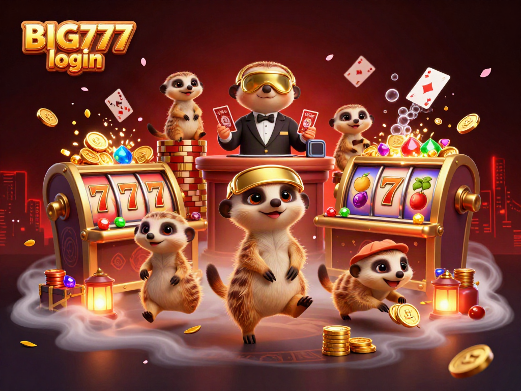 Experience gaming excitement with BIG777 login in a vibrant meerkat casino scene filled with dynamic elements.