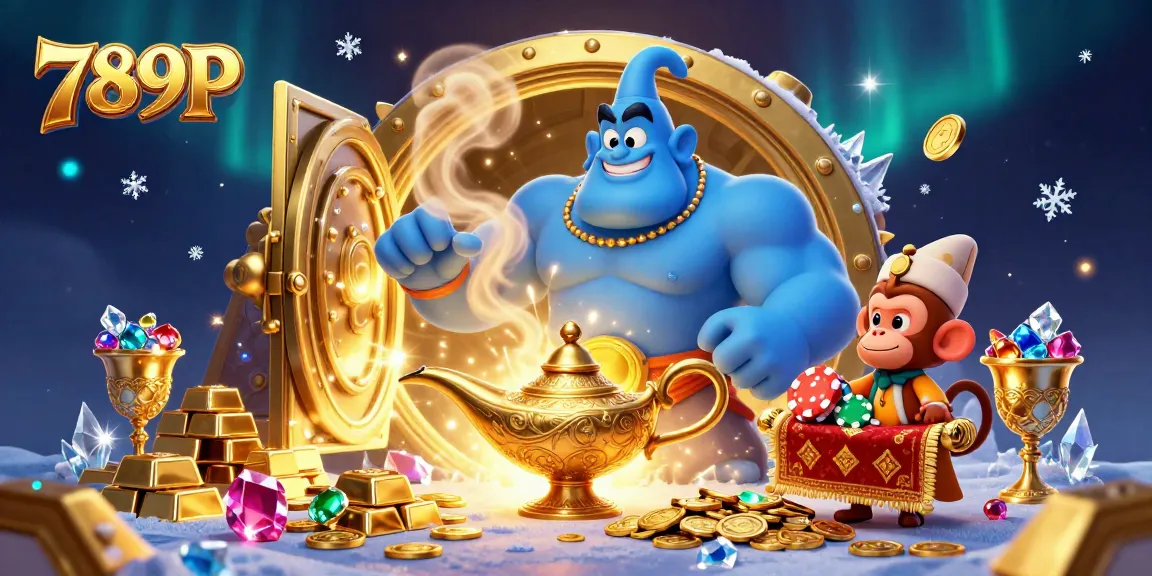 Engage in the thrilling magic of 789P with a vibrant casino scene showcasing a genie and treasures.