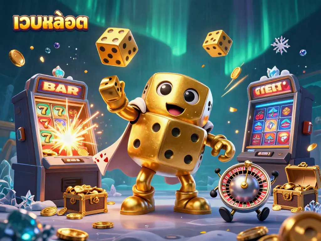 Experience thrilling เว็บสล็อต action with a dynamic 3D scene of golden dice and slot machines bursting with excitement.