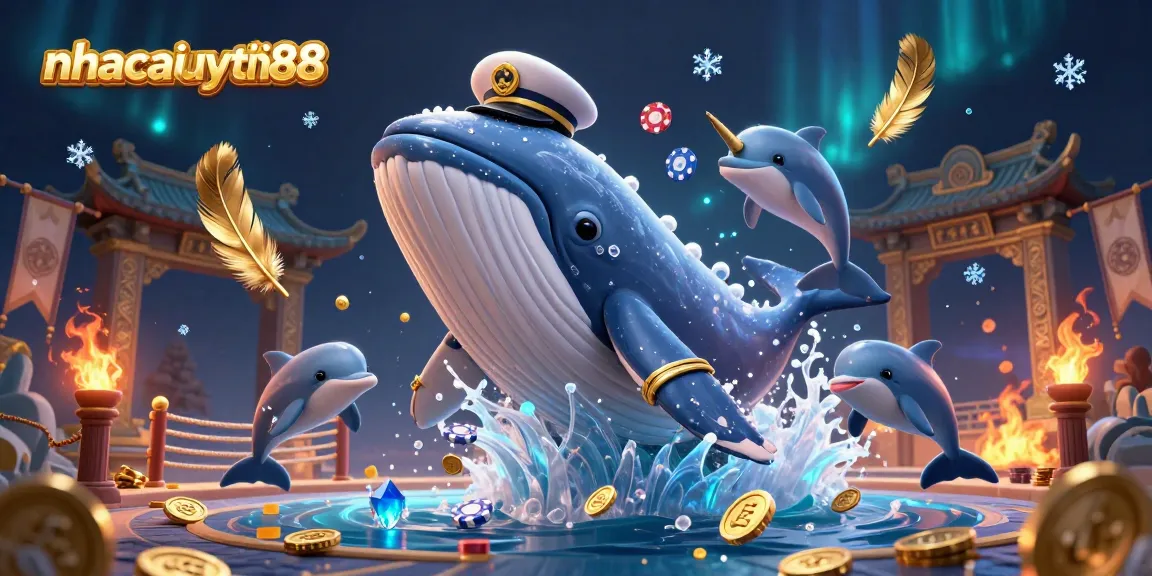 Playful dolphins performing tricks and a gigantic whale in a vibrant casino scene showcasing nhacaiuytin88's gaming diversity.