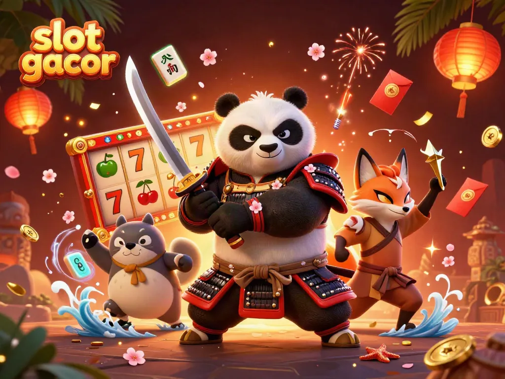Experience the slot gacor excitement with a 3D cartoon samurai panda, ninja fox, and floating spirit tanuki.