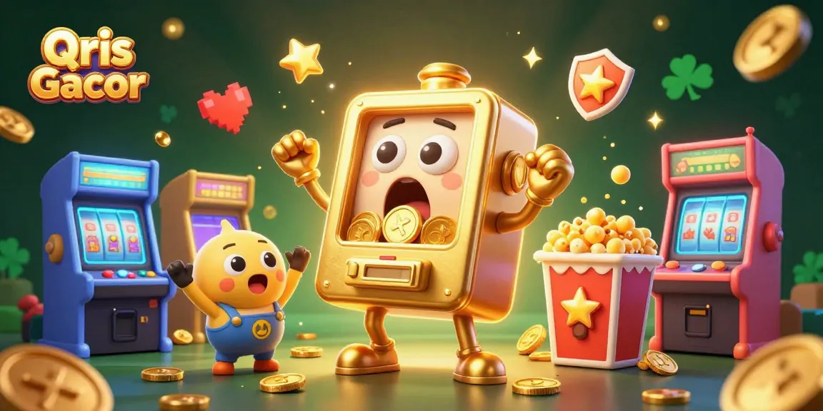 Experience big wins with Qris Gacor as the golden slot machine celebrates jackpots with cheerful companions and game elements.