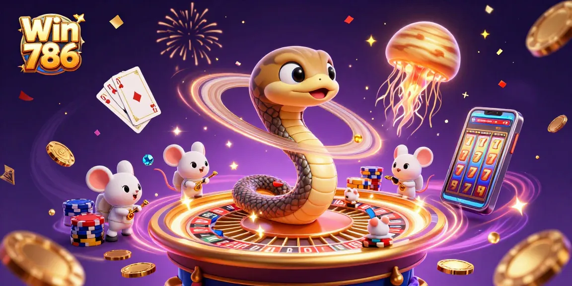 Place your bets with Win 786 in a vibrant cosmic casino featuring charming characters and thrilling game elements.