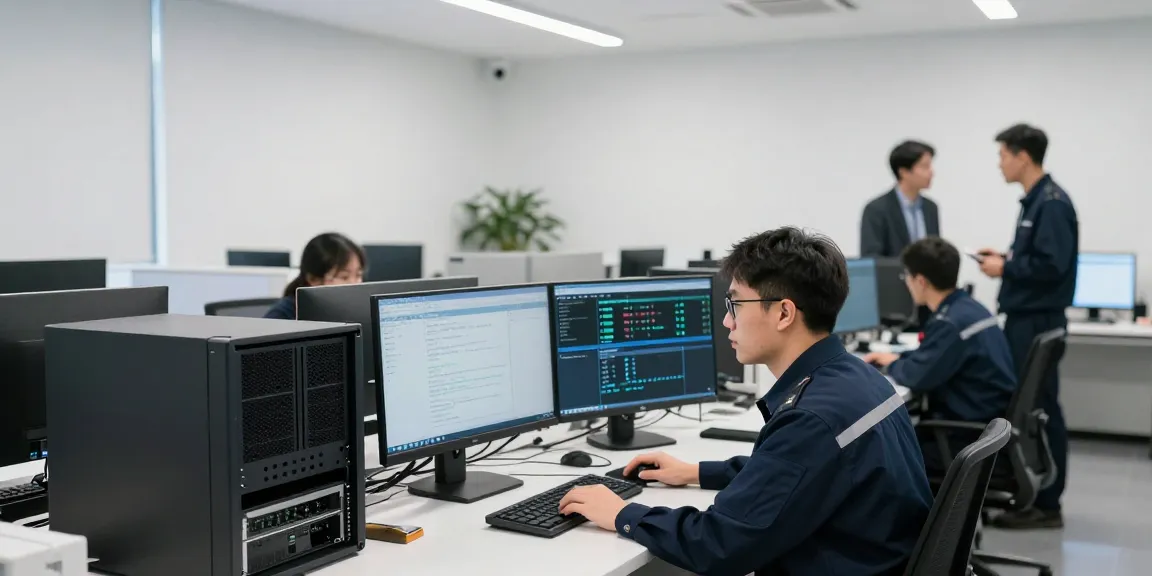 Technician verifying security protocols at shs-dome5.com in a modern office.