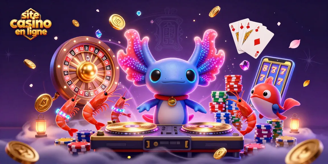 Faites tourner les rouleaux sur le site casino en ligne avec un DJ axolotl vibrant accompagné de crevettes dansantes.