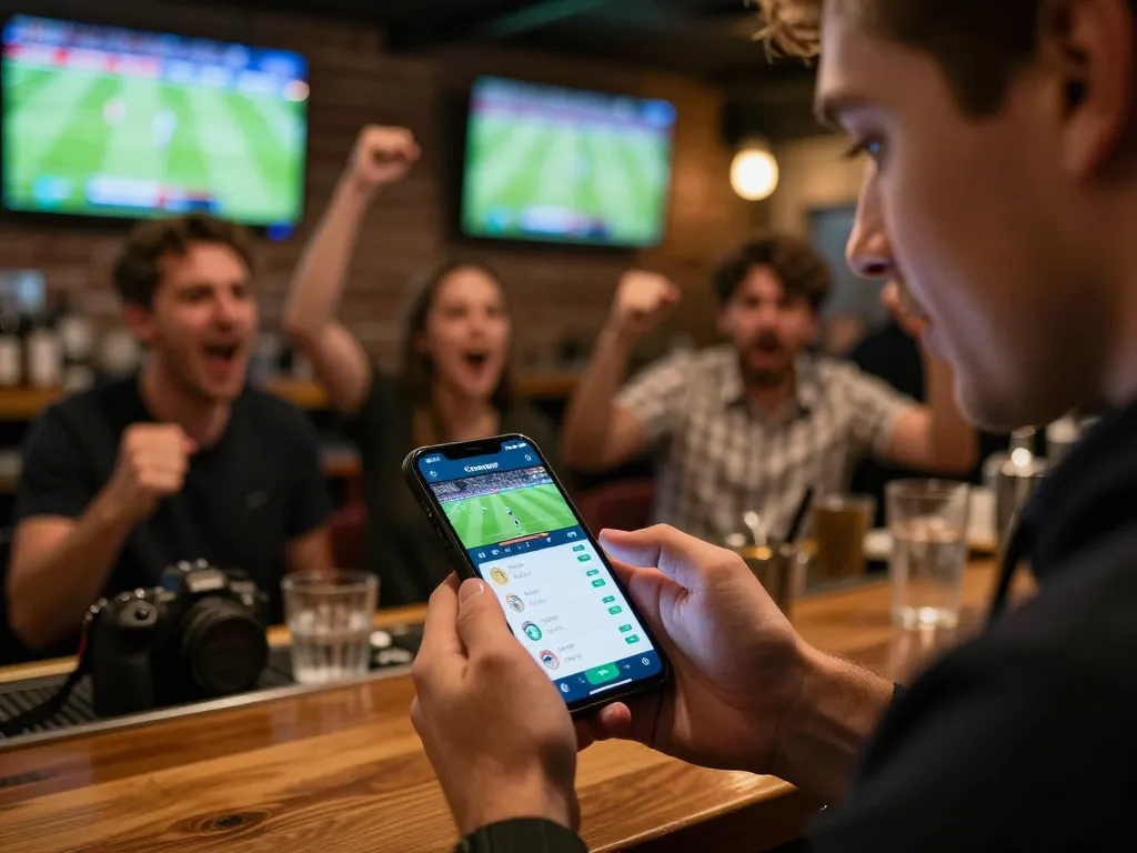 Kèo nhà cái displayed on a smartphone app during an exciting football match in a sports bar