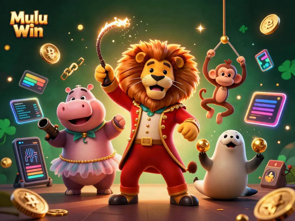Mulu Win casino scene showcasing a circus ringmaster lion, hippo, monkey, and seal engaging in gambling excitement with crypto elements.