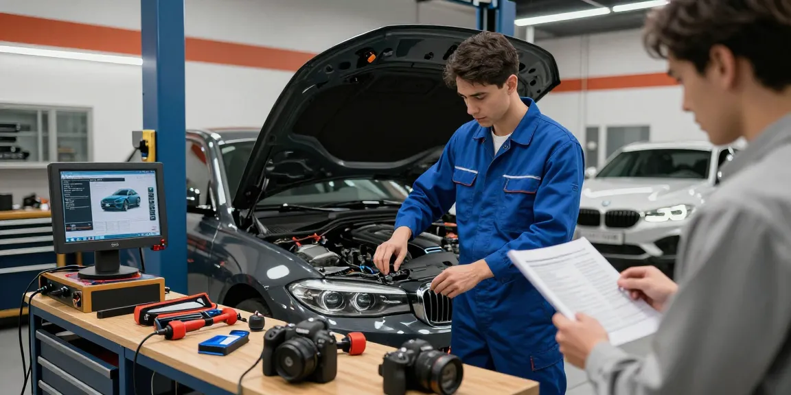 Chiptuning Hannover: Mechaniker überprüft BMW-Motor in moderner Werkstatt.