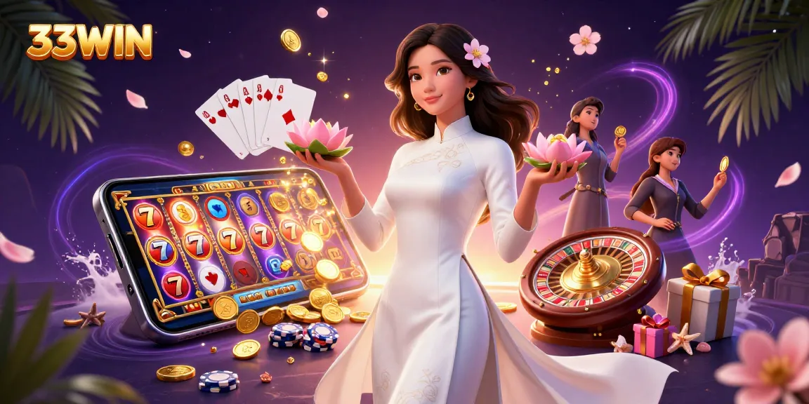 Experience the thrill of casino gaming with 33WIN, featuring a Vietnamese woman amidst vibrant slots and golden coins.