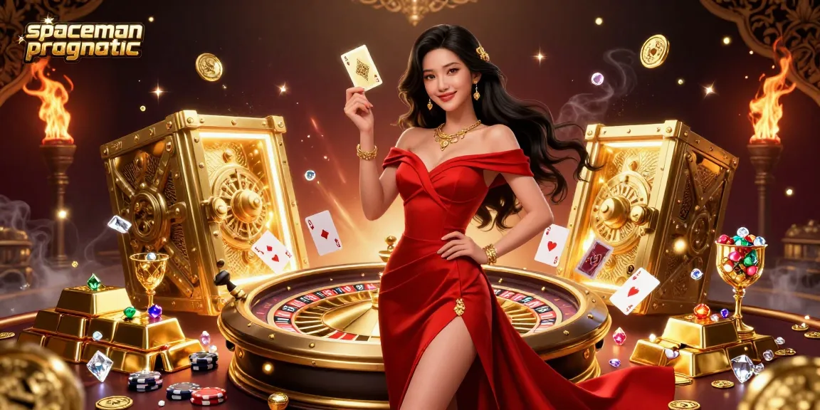 Experience spaceman pragmatic thrills with an elegant woman and golden casino treasures in a stunning 3D illustration.