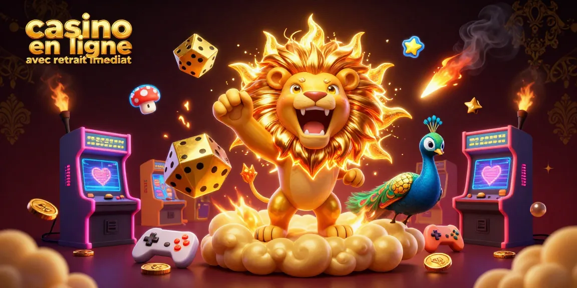 Casino en ligne avec retrait immédiat : illustration dynamique d'un lion soleil et des éléments de jeu colorés.
