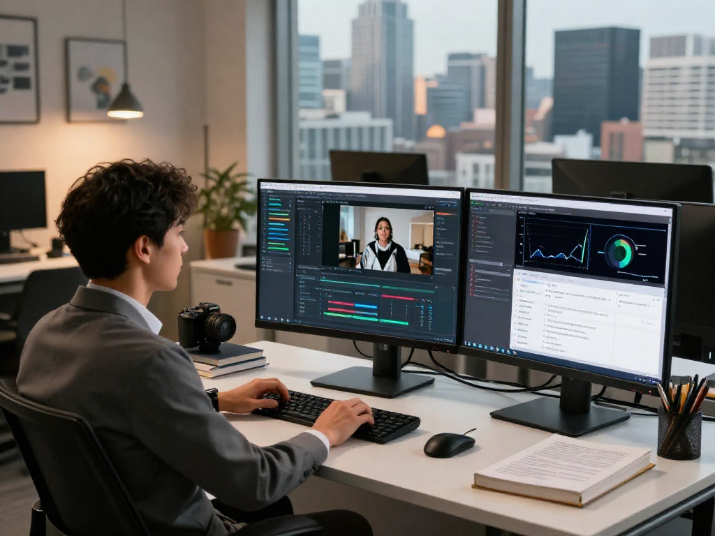 Expert professional analyzing data to detect AI image content in a modern workspace.