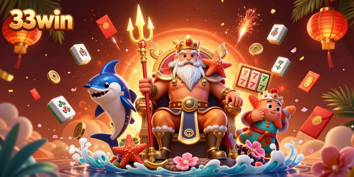 Engage with 33win at a vibrant online casino featuring Neptune and festive elements.