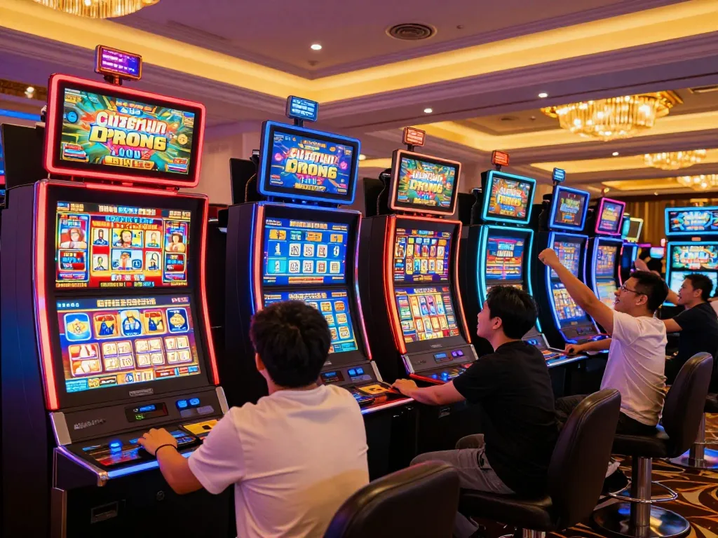 Players at vibrant betbet slots celebrating wins in an upscale casino ambiance.