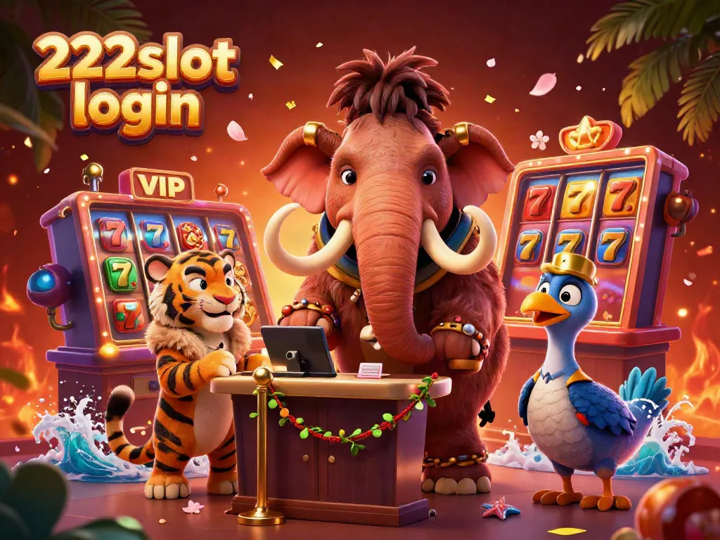 Menangkan pengalaman bermain dengan 222slot login, penjaga kasino mamut berbulu memeriksa ID di gerbang disertai tamu VIP dan pelayan.