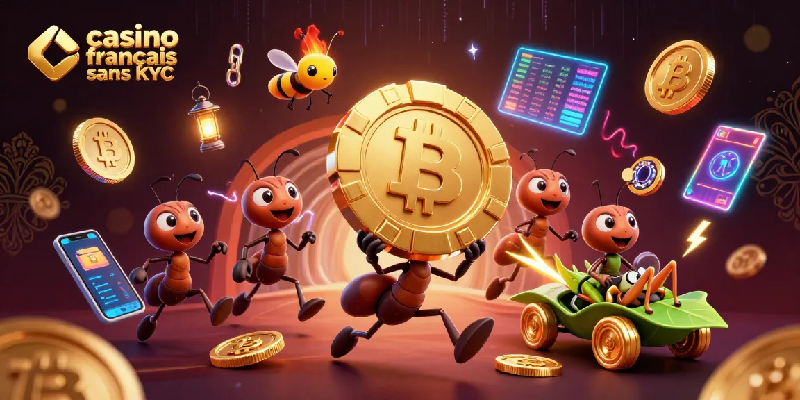 Visuel dynamique avec des fourmis portant une puce de poker et des éléments crypto. Casino français sans KYC.