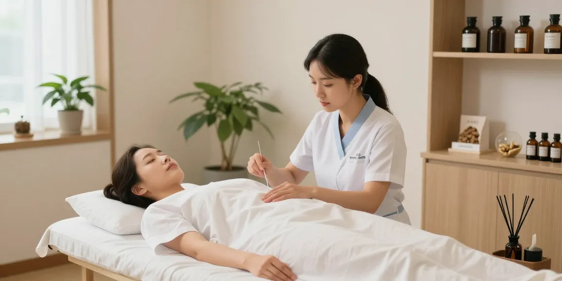 Healing therapy session at 영통한의원 featuring acupuncturist and tranquil clinic environment.